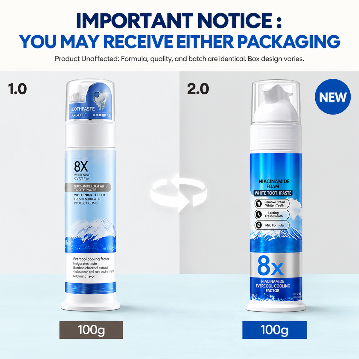 8X Niacinamide Foaming Whitening Toothpaste 8X - Fresh Breath Stain Removal Gentle Teeth Cleaning 100ml-D