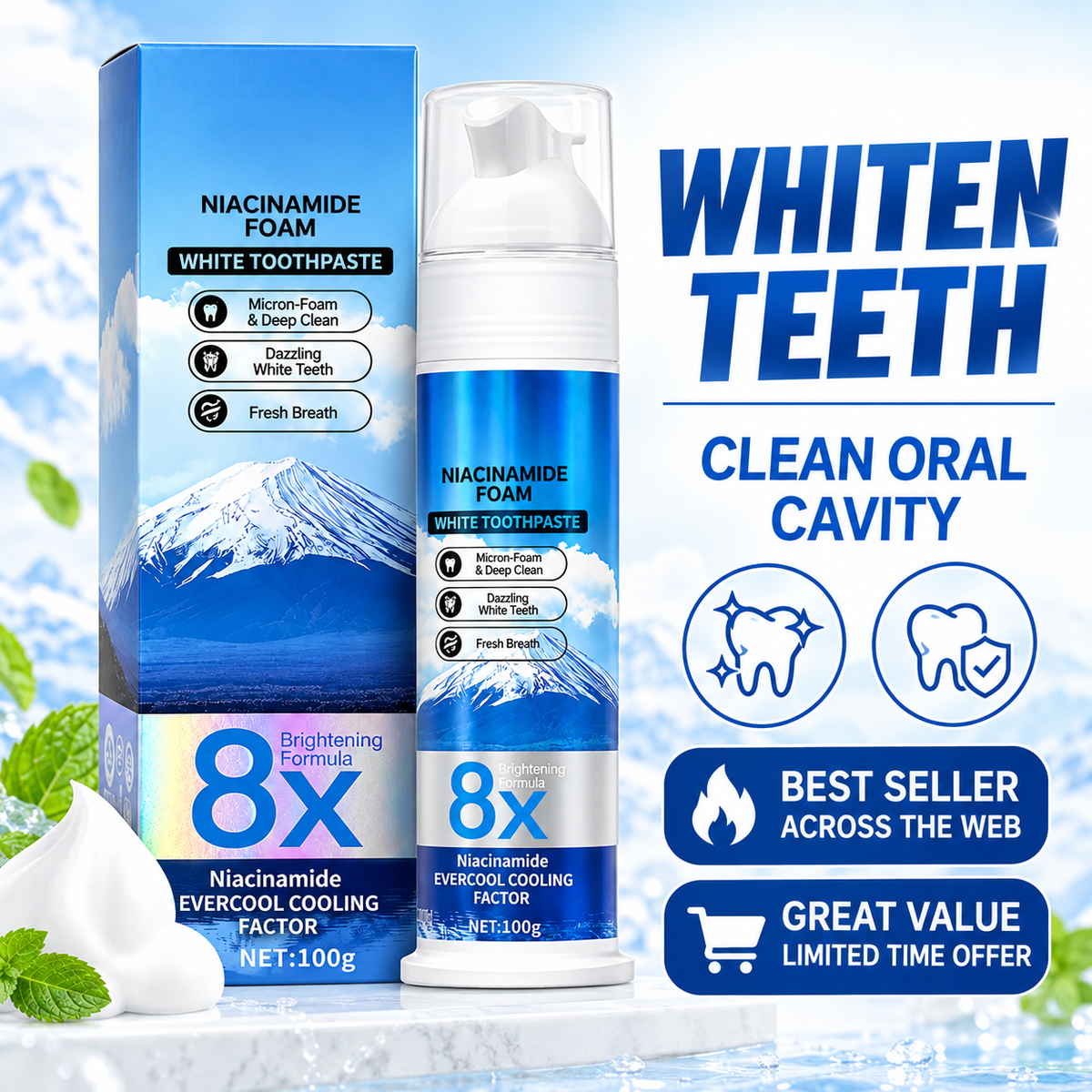 8X Niacinamide Foaming Whitening Toothpaste 8X - Fresh Breath Stain Removal Gentle Teeth Cleaning 100ml-D