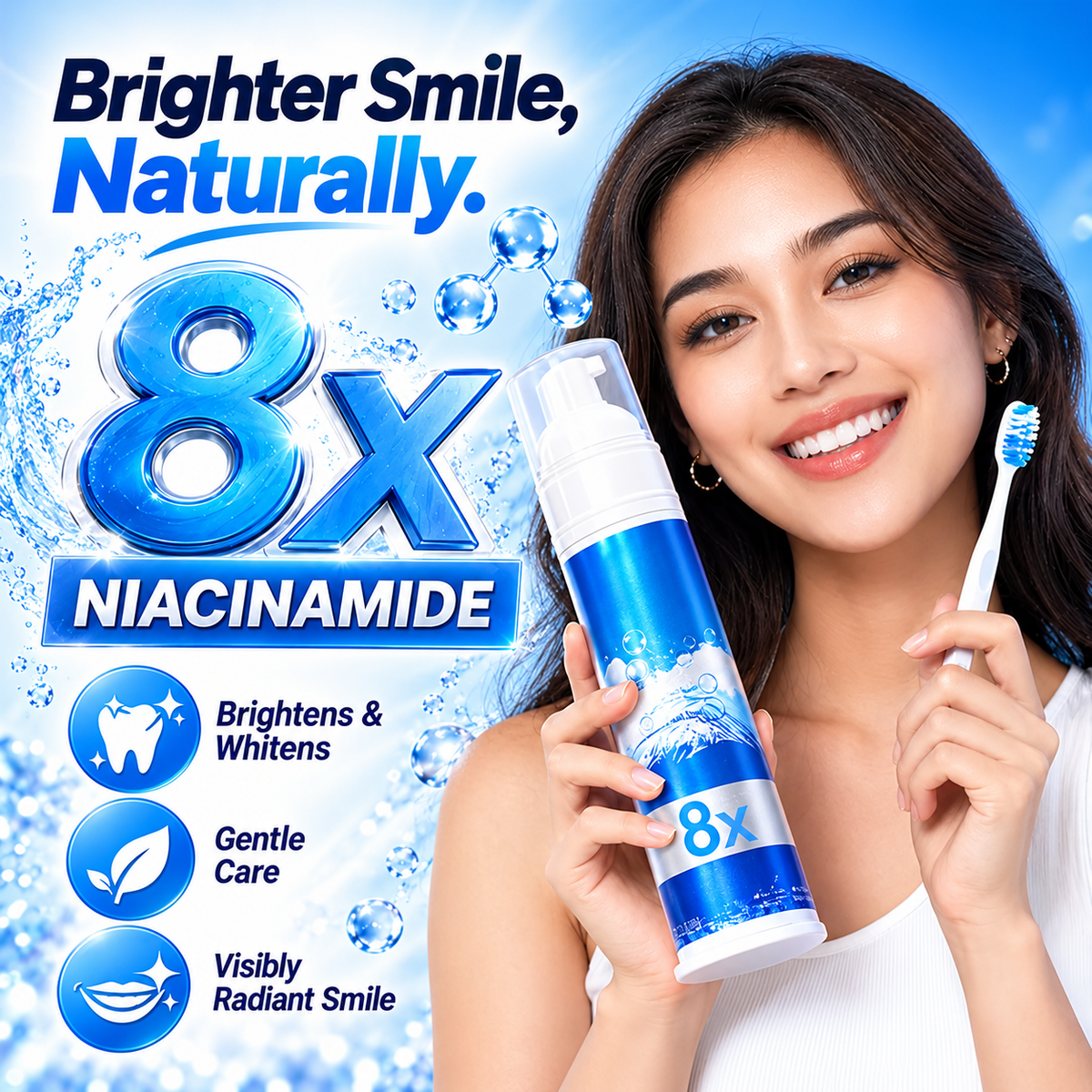 8X Niacinamide Foaming Whitening Toothpaste 8X - Fresh Breath Stain Removal Gentle Teeth Cleaning 100ml-D